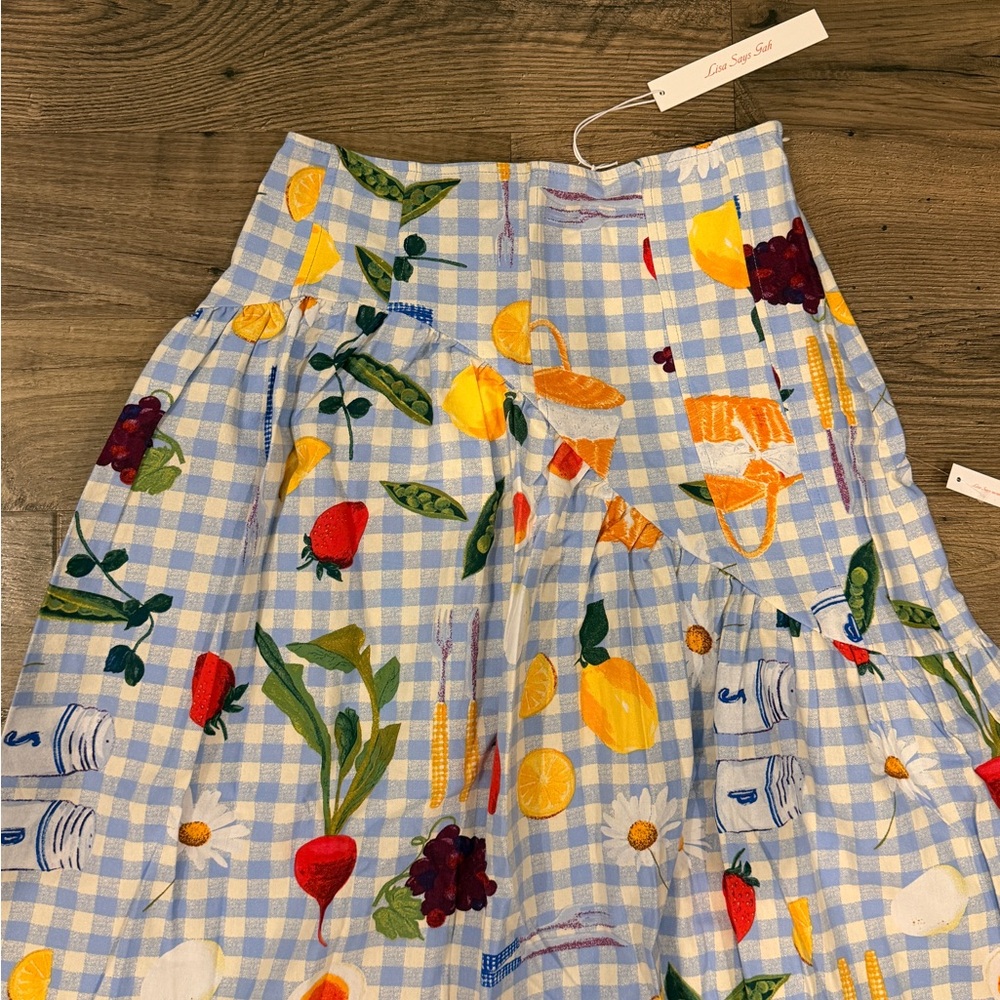 Lisa Says Gah Light Blue Gingham Fruit & Kitchen Print Midi Skirt - Picture 2 of 5